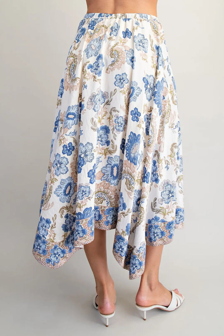 Floral Print Handkerchief Hem Midi Skirt in Blue Bell