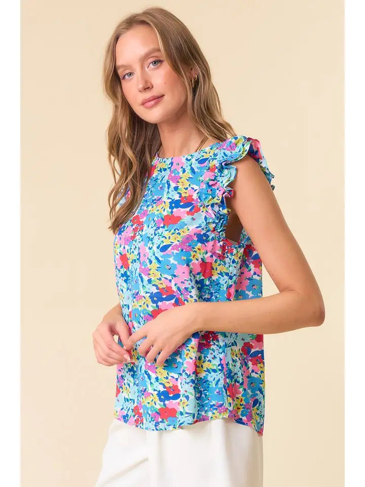 Floral Print Ruffled Cap Sleeve Top in Blue