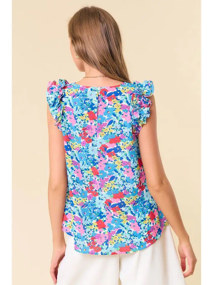 Floral Print Ruffled Cap Sleeve Top in Blue