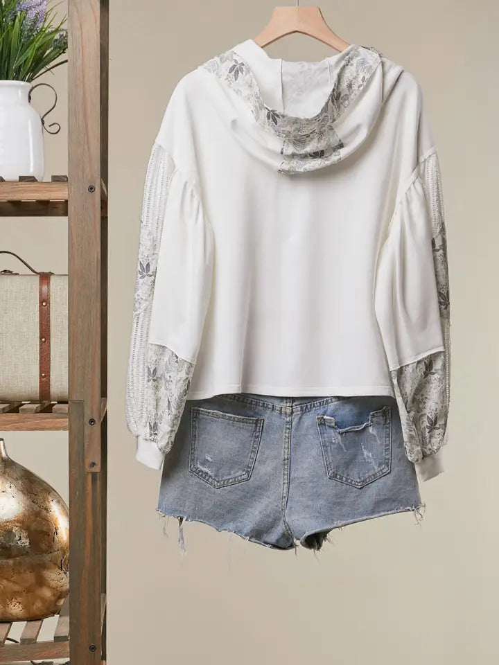 Leaf Print Trim Hoodie in Ivory