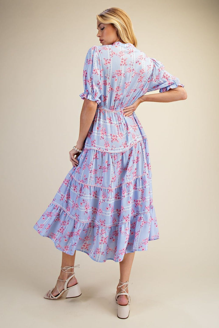 Floral Printed Challis Dress in Peri Blue
