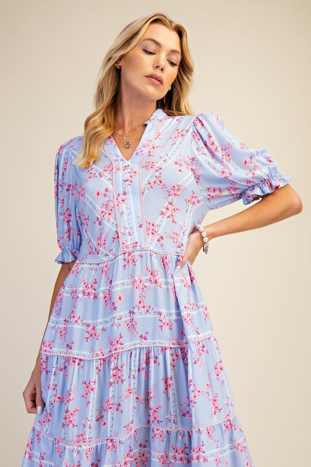 Floral Printed Challis Dress in Peri Blue