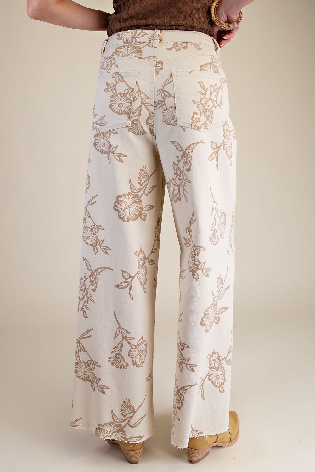 Floral Print Twill Pants in Ecru