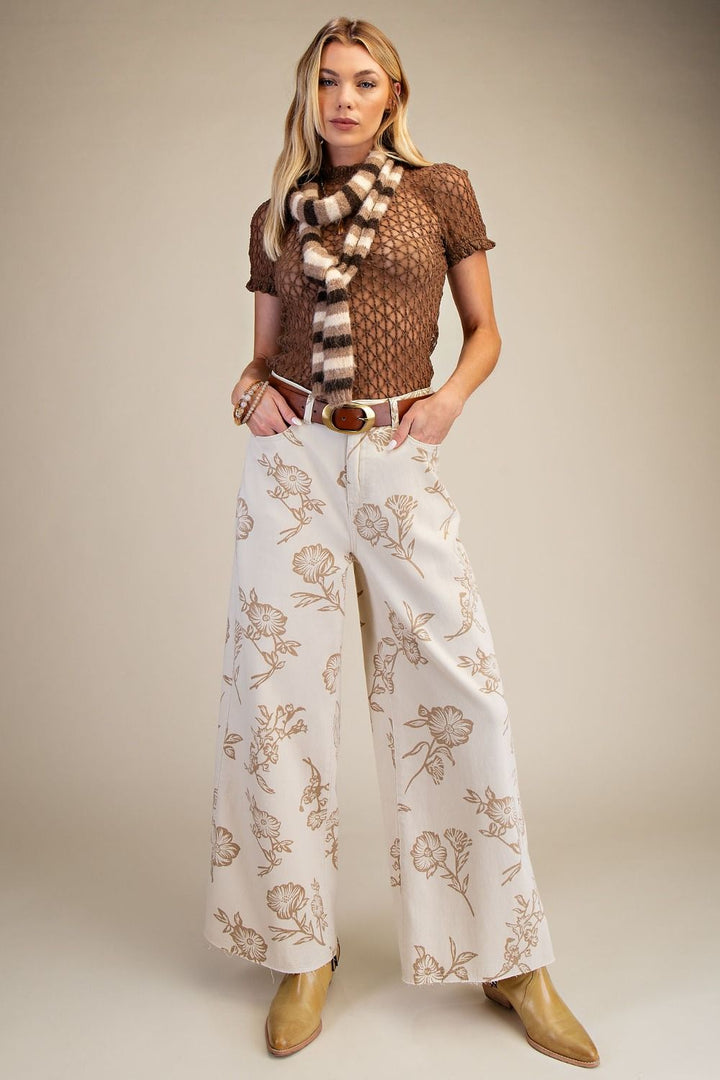 Floral Print Twill Pants in Ecru