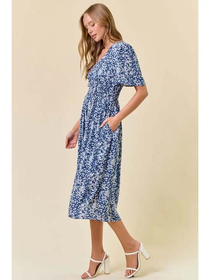 Floral V-Neck Flutter Sleeve Midi Dress in Blue