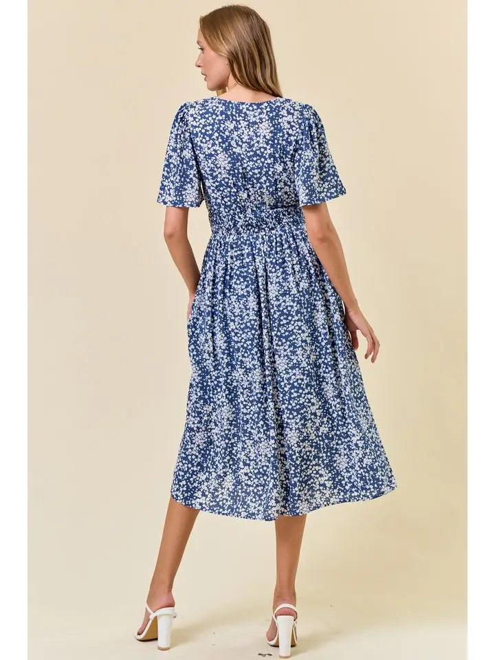 Floral V-Neck Flutter Sleeve Midi Dress in Blue