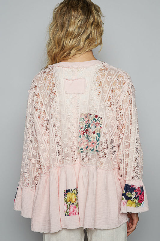 Floral Patchwork Lace and Gauze Cardigan in Powder Pink