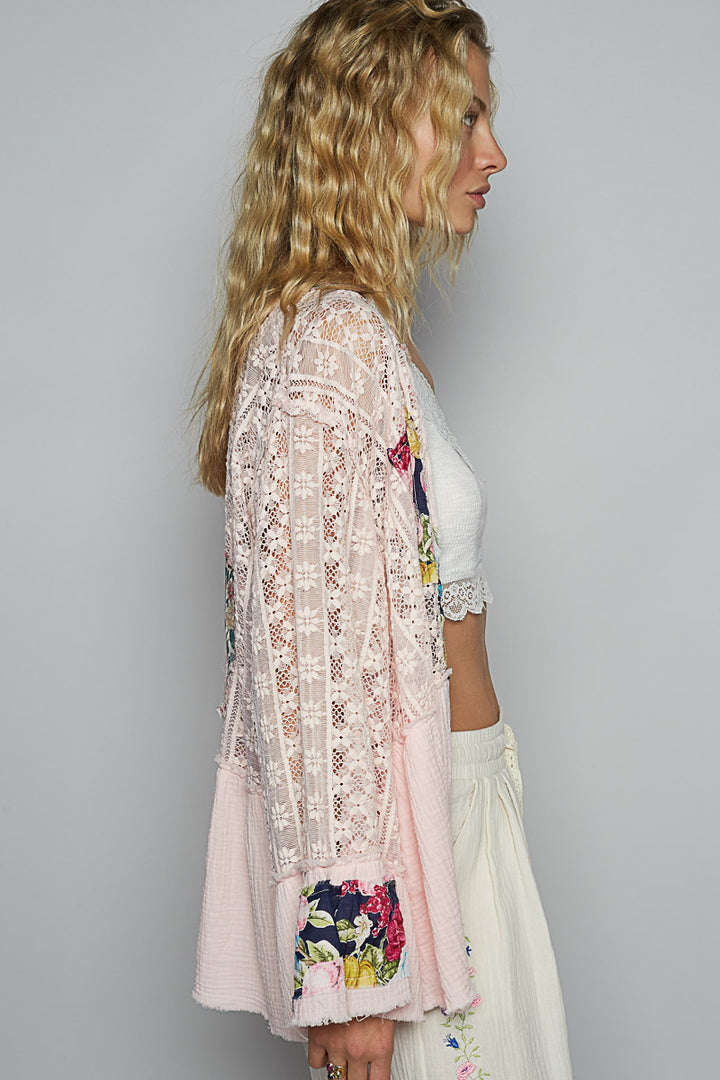 Floral Patchwork Lace and Gauze Cardigan in Powder Pink