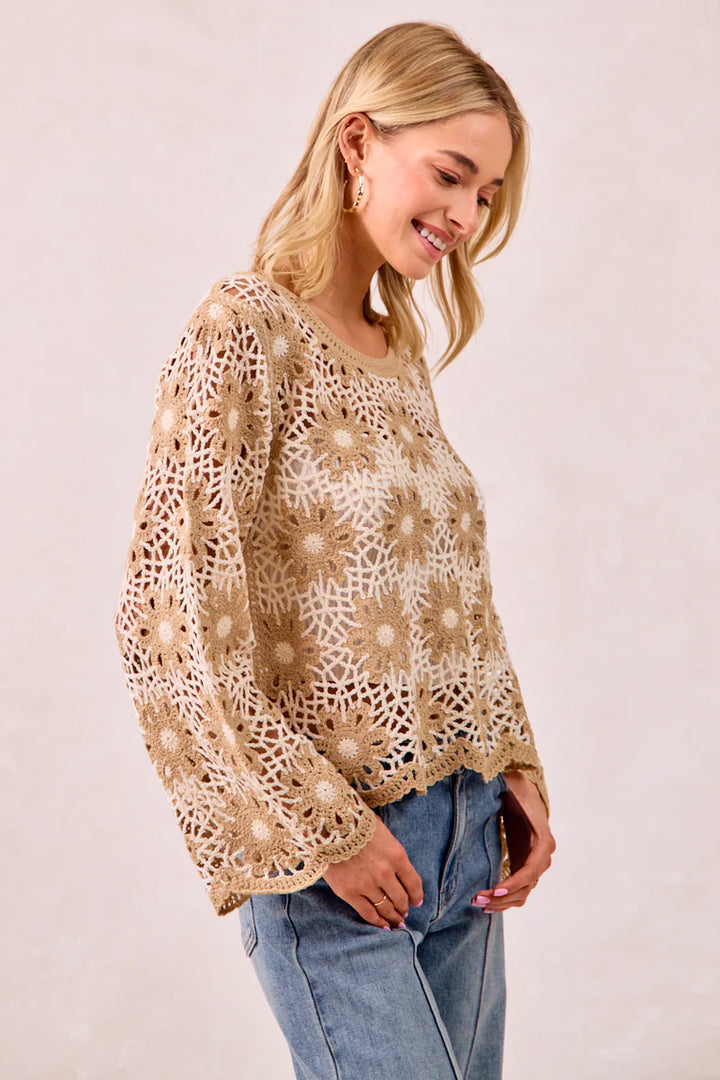 Flower Crochet Knit Top in Latte