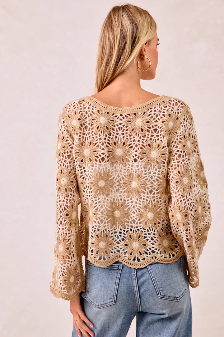 Flower Crochet Knit Top in Latte