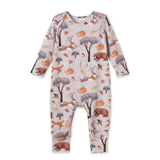 Baby onesie with forest animal pattern on a white background