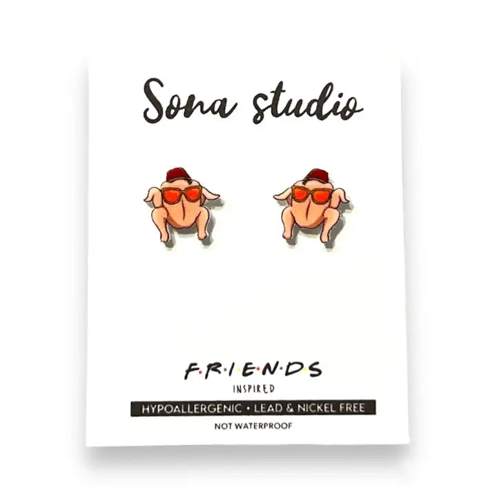 Sona Studio earrings inspired by 'Friends' on a white card
