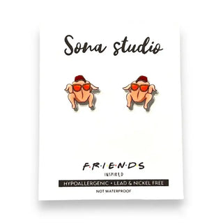 Sona Studio earrings inspired by 'Friends' on a white card