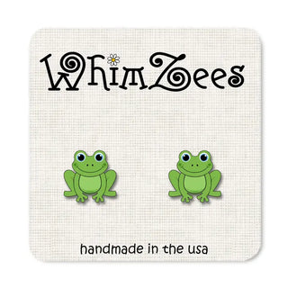 Green frog earrings on a 'WhimZees' branded card with text 'handmade in the USA'.