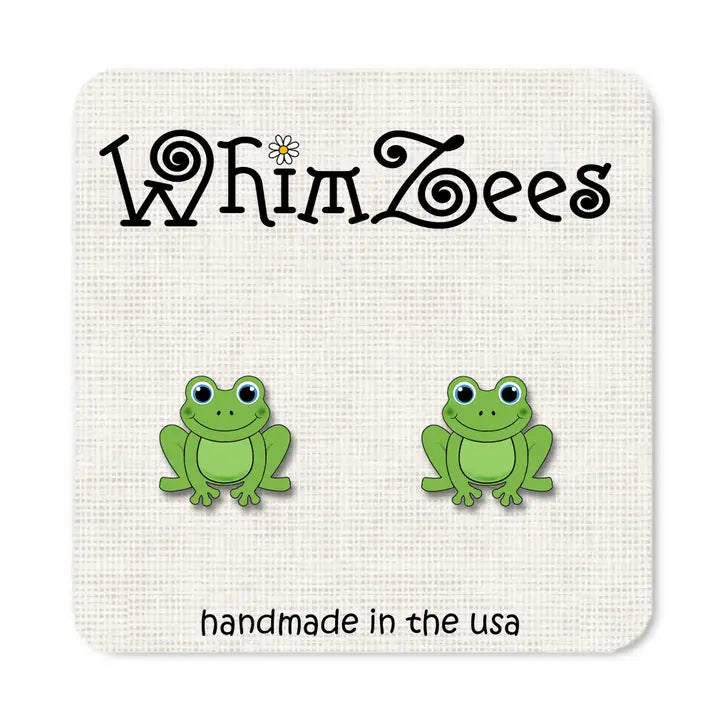 Green frog earrings on a 'WhimZees' branded card with text 'handmade in the USA'.
