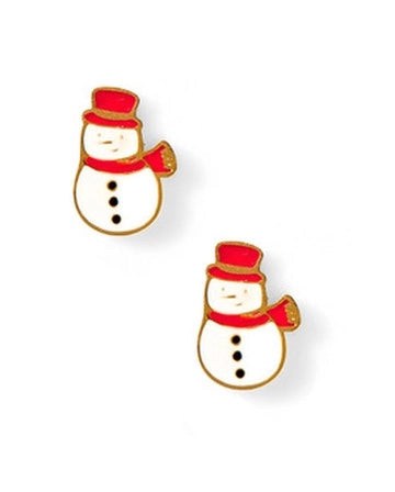 Snowman-shaped earrings with red hats and scarves on a white background