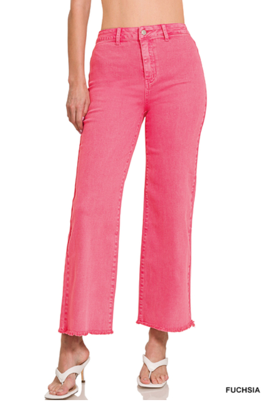 woman wearing fuchsia cropped wide leg denim pants