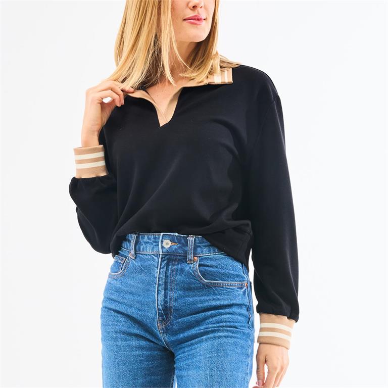 black polo style v-neck sweater with contrasting white and tan sporty stripes on colar and cuffs