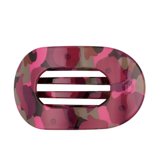 oval shaped flat hair clip with pink, brown, and green tones