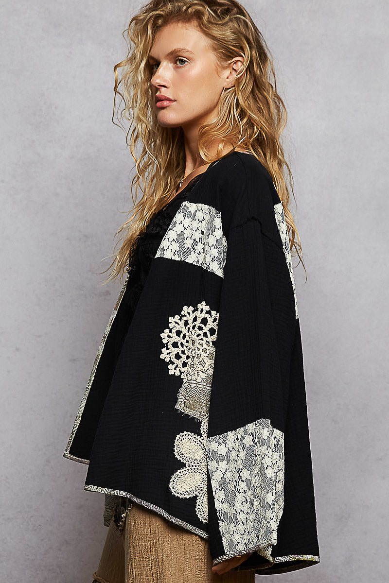 Gauze Cardigan with Crochet Patches in Black