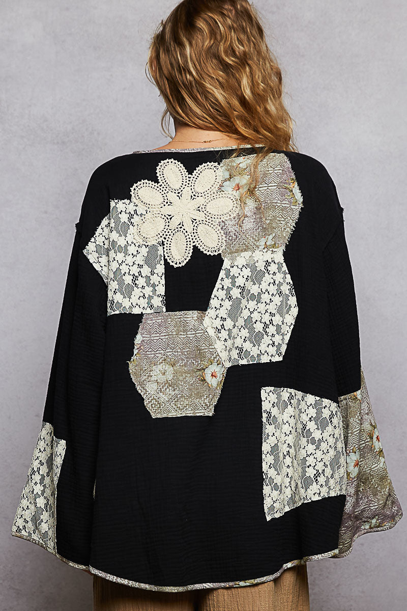 Gauze Cardigan with Crochet Patches in Black