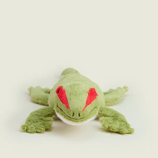 green lizard plush toy with red stripes around the eyes