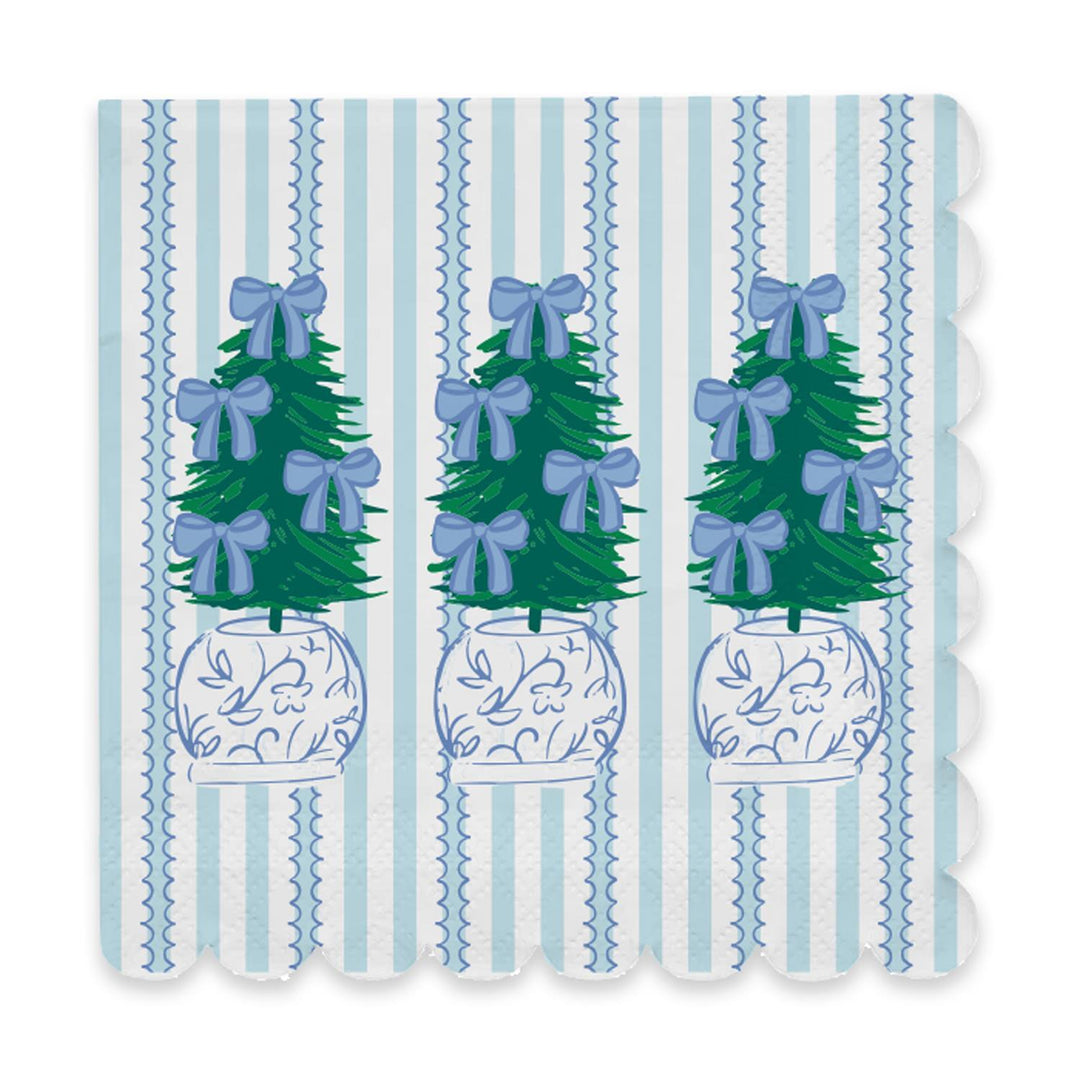 Three Christmas trees with blue bows in decorative vases on a striped background
