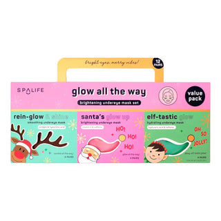 Spalife Glow All the Way Brightening Undereye Mask Set value pack, featuring three colorful individual mask packets (rein-glow & shine, Santa's glow up, elf-tastic glow) on a white background with a yellow carrying handle.