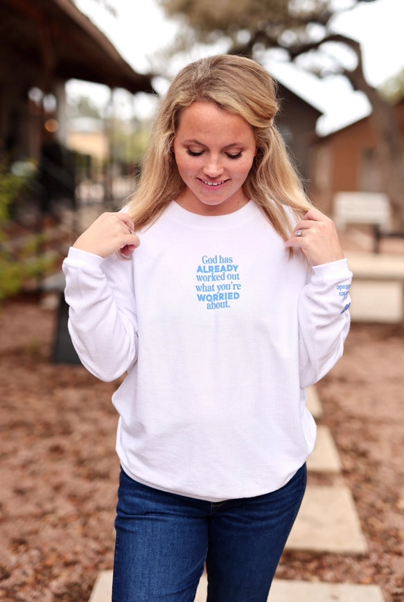 God Has You- White Corded Pullover
