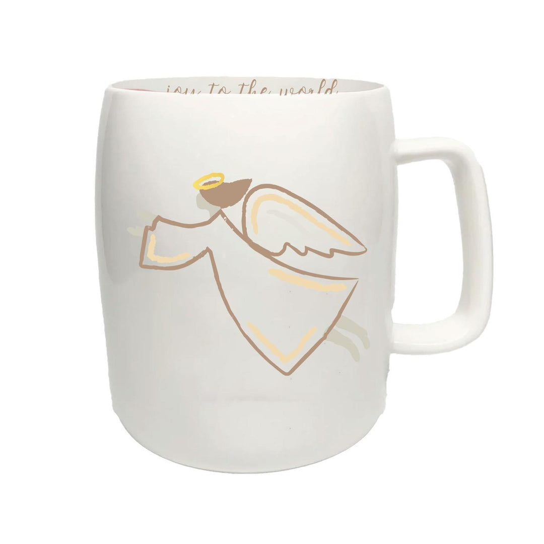 White mug with angel design and text on a white background