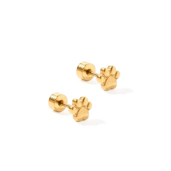 Gold paw print earrings on a white background
