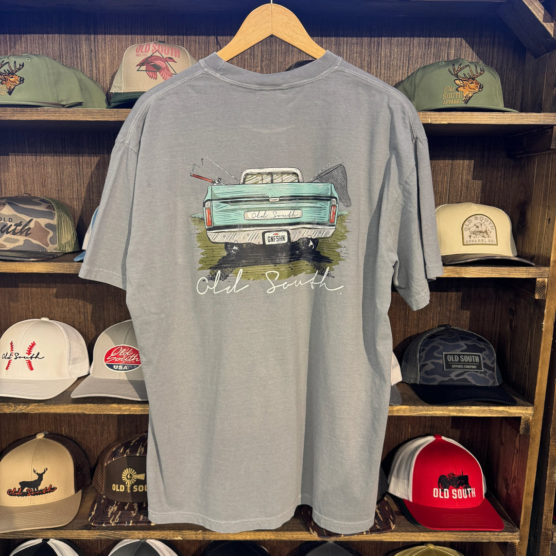 gray t-shirt featuring a graphic of an old truck with fishing rods
