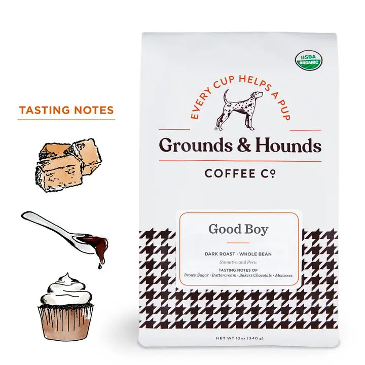 Grounds &amp; Hounds Coffee Co. package with tasting notes illustration on a white background