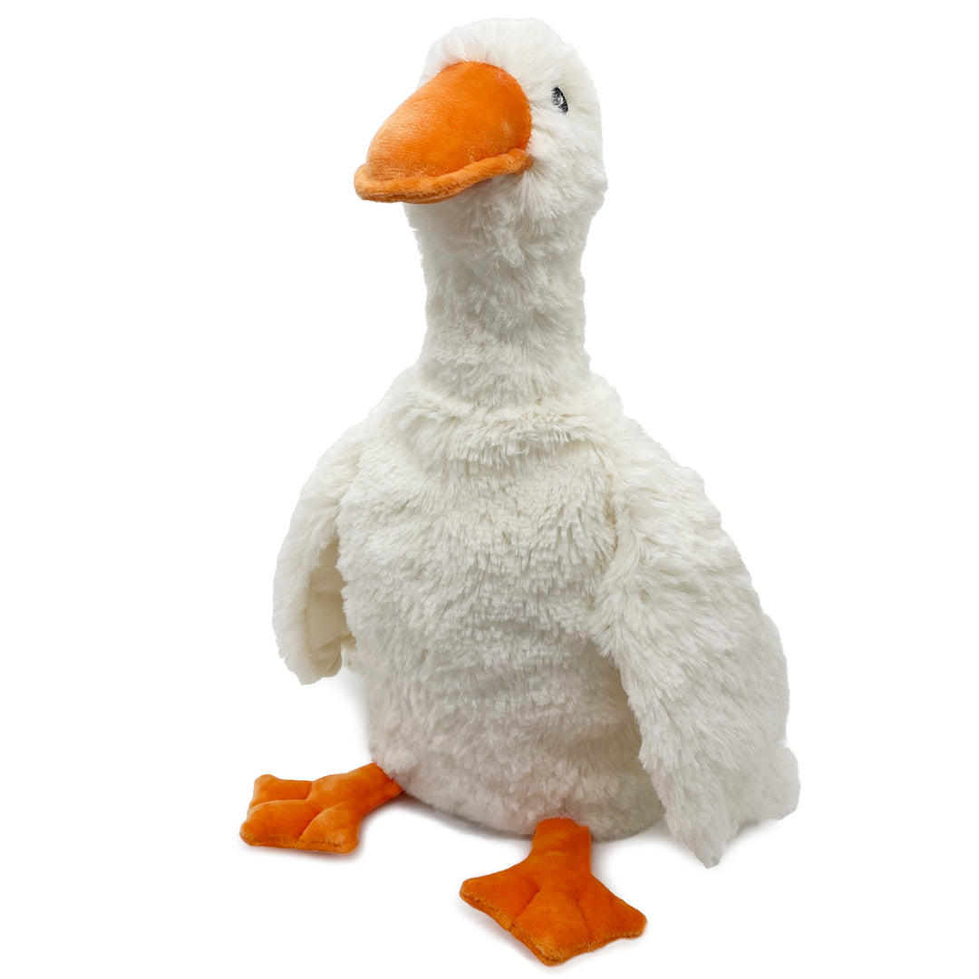 Plush toy goose with orange beak and feet on a white background