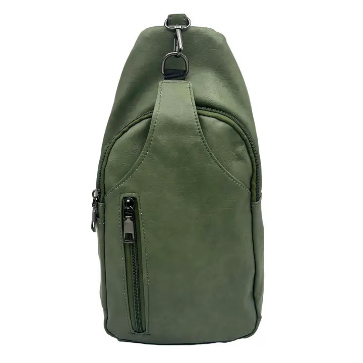 green leather sling bag