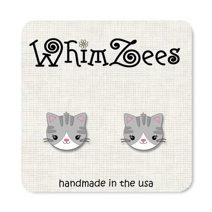 Cat-shaped earrings on a WhimZees branded card with 'handmade in the USA' text.