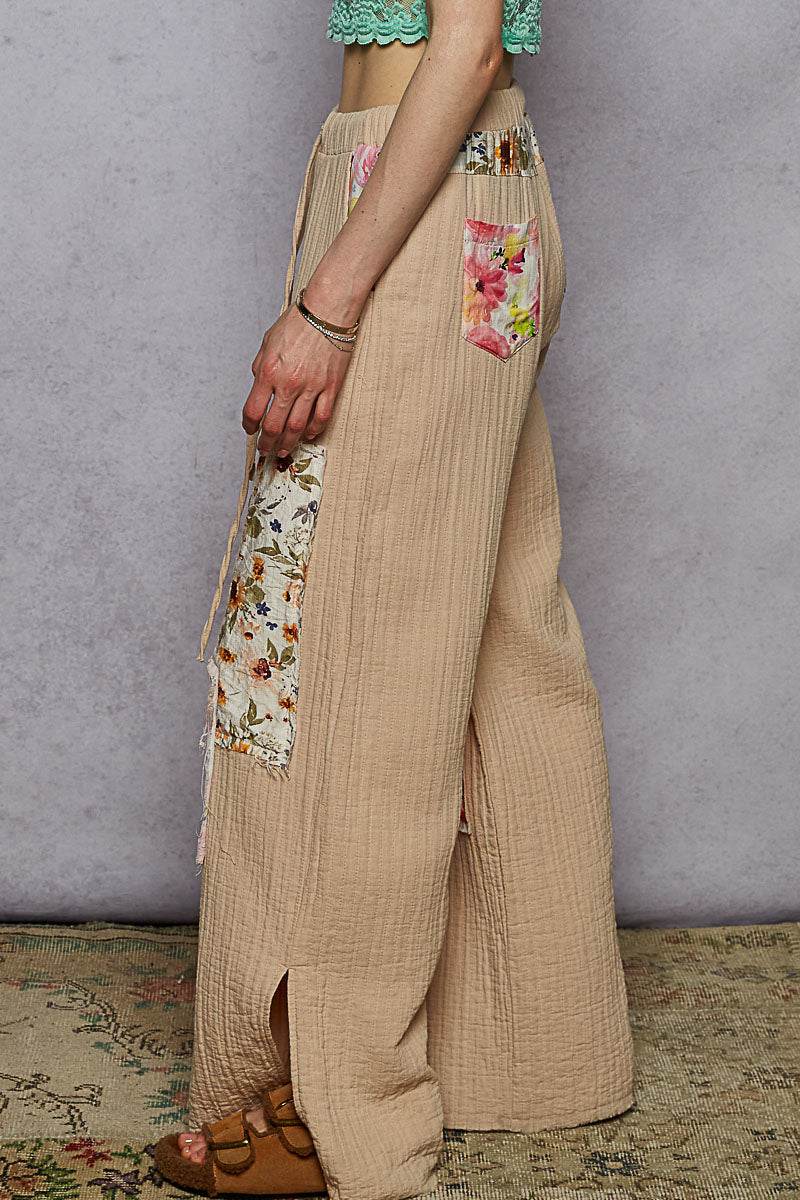 Wide Leg Gauze Patchwork Pants in Latte