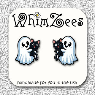 Earring set with ghost and cat design on a WhimZees branded card.