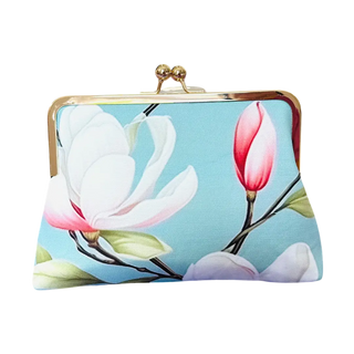 Clutch bag with floral design on a light blue background