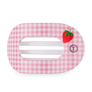 Pink gingham hair clip with a strawberry design on a white background