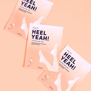 Three 'HEEL YEAH!' repair heel masks on a peach background