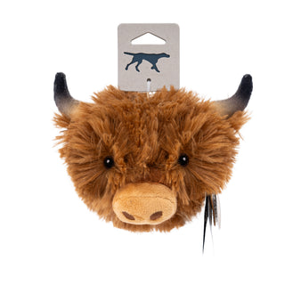 Plush toy shaped like a highland cow head with a tag on a white background