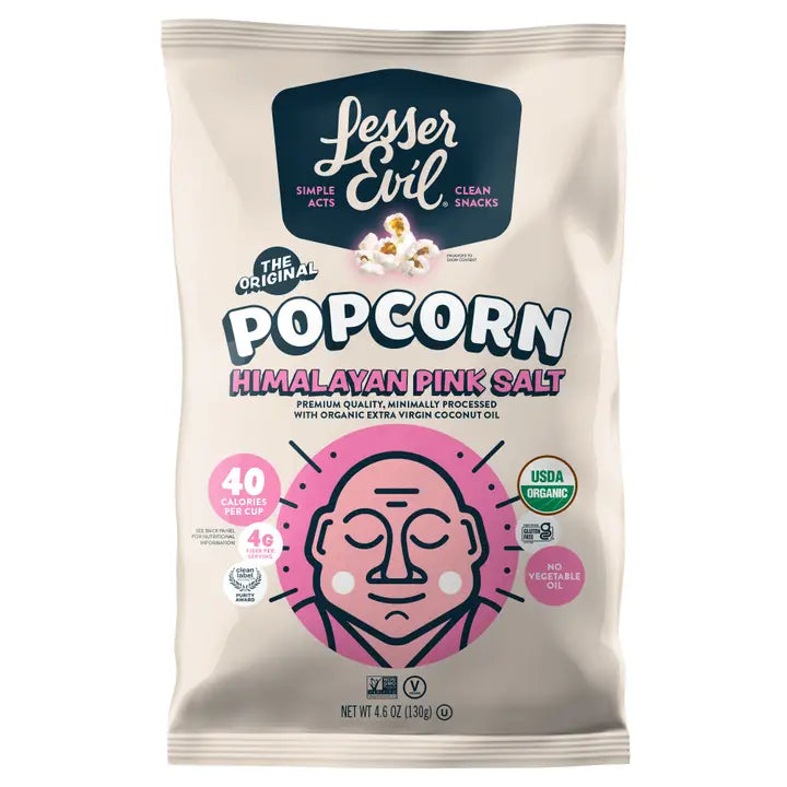 J Lesser Evil Himalayan Pink Salt popcorn bag on a white background