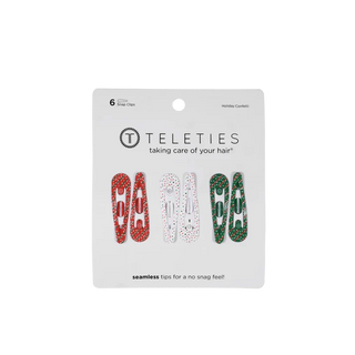 teleties branded card with 6 snap hair clips in red, white, and green with festive polka dot pattern 
