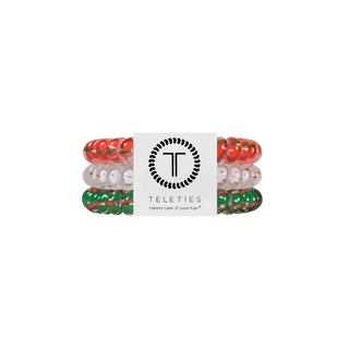 set of 3 TELETIES spiral coil hair ties in red, green, and white with festive confetti flecks