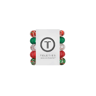 set of 5 TELETIES branded coil hair ties in festive red, green, and white patterns