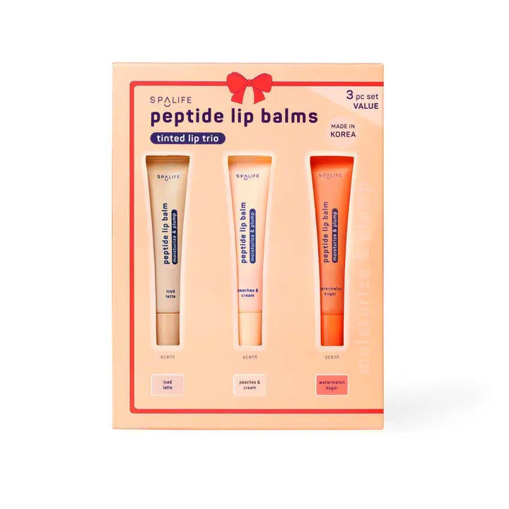 SpaLife peptide lip balm set with three lip balms in a decorative box on a white background