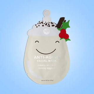 Anti-aging facial mask with holiday egg cream design on a blue background