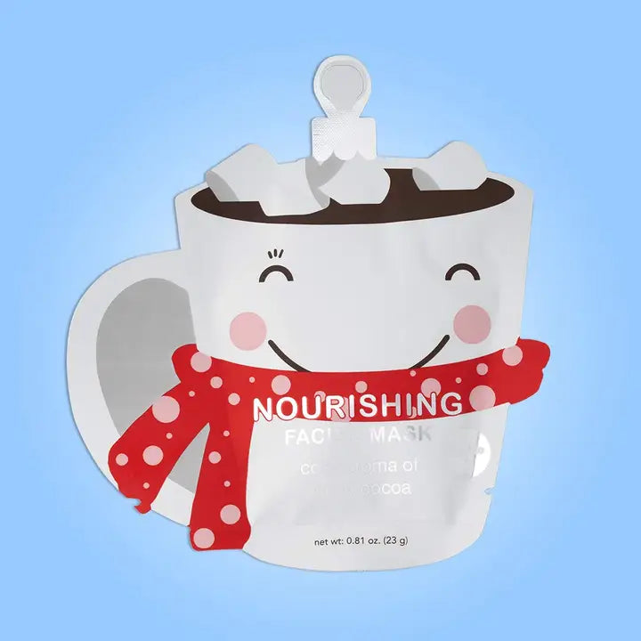 Nourishing face mask packaging with a cartoon mug design on a blue background