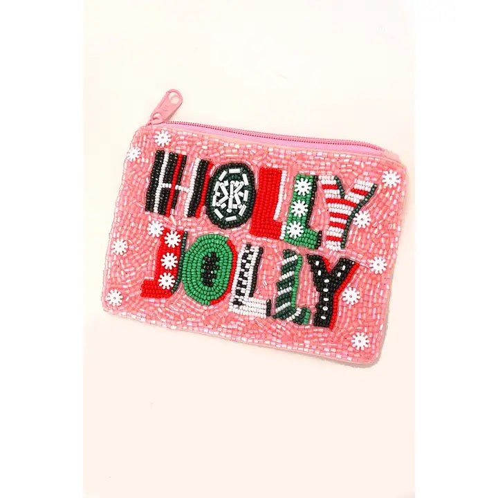 Pink beaded pouch with 'Holly Jolly' text on a white background